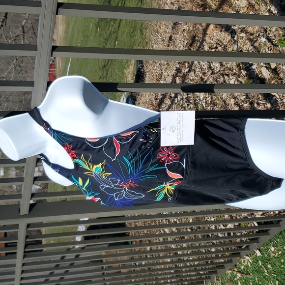 NEW Eco Beach Black Floral High Neck One Piece Swimsuit Size M - Picture 2 of 14